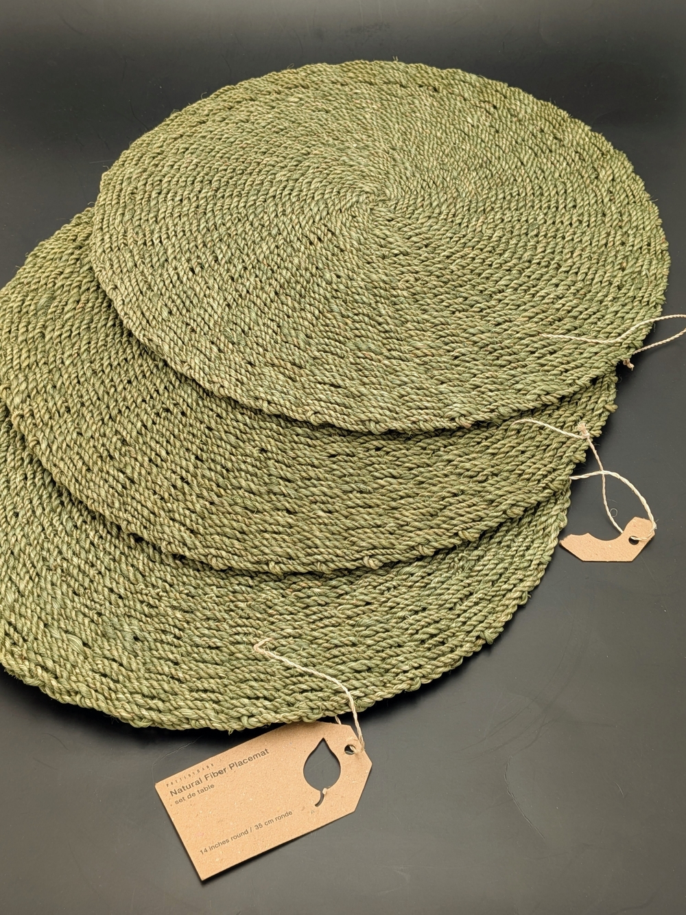 Pottery Barn Abaca Natural Fiber Round Placemats Set of 3 Sage Green 14"